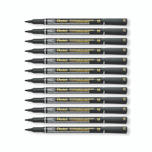 CW Office Perm Marker Fine Black PK12, set of 12 black permanent markers with fine tips arranged in a row.