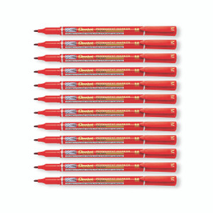 CW Office Perm Marker Fine Red PK12, a set of 12 red permanent markers with fine tips arranged neatly in a row.