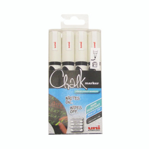 CW Office Uni Chalk Markers Medium White PK4, pack of 4 liquid chalk markers with bullet tip designed for writing on chalkboards, windows, metals, plastics, non-porous surfaces, rain resistant and easy to wipe off.