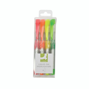 CW Office Qcon Lq/Ink Hghlgtr Assd KF6127 PK4, colorful liquid ink highlighters in a transparent pack with four highlighters in pink, orange, yellow, and green.