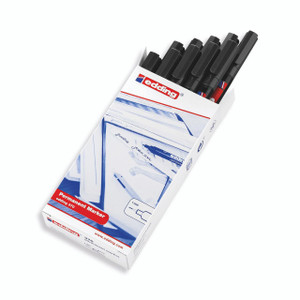 Product CW Office Edding Marker Perm BLK 370-001 PK10, black permanent markers in a pack of 10 in a white box with red and blue design elements.