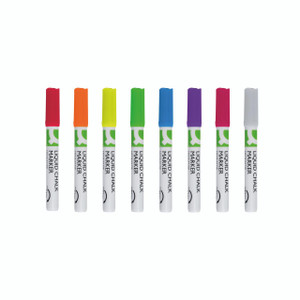 CW Office Q-Connect Chalk Markers Med ASST PK8, set of 8 colorful chalk markers with white bodies and caps in red, orange, yellow, green, blue, purple, pink, and gray, designed for writing on chalkboards and whiteboards.