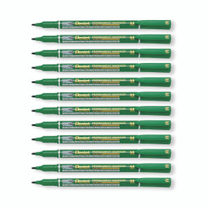 CW Office Perm Marker Fine Green PK12, set of 12 green permanent markers with fine tips for writing and drawing.
