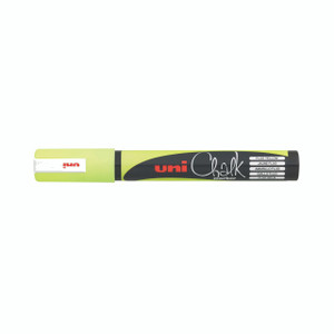 CW Office Unichalk PWE5M Glass Marker Yellow PK6, yellow glass chalk marker with black and yellow body for surface marking.