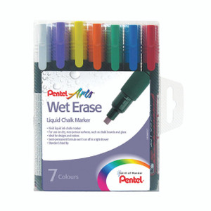 CW Office Pentel Chalk Markers AST Pkof 7, pack of liquid chalk markers in seven vibrant colors with a chisel tip for chalkboard writing and drawing.
