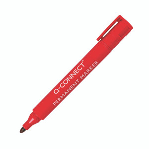 CW Office Q-Connect Perm Markr Bullet Red PK10, a red permanent marker pen with bullet tip and a clip cap for office and school use.
