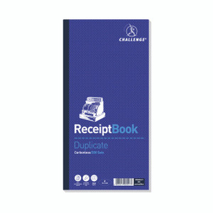 CW Office Challenge Dup Bk Receipt 141X280, blue receipt book with white and blue text and illustration of cash register on the cover.