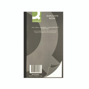 CW Office Q-Connect Duplicate Book 210x127mm, gray cover with text and barcode, designed for note-taking with numbered pages in duplicate form.