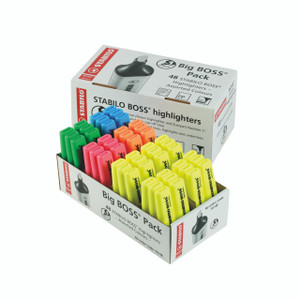 CW Office Stabilo Boss Original Hler AST PK48, a set of colorful highlighters in assorted colors including green, pink, orange, yellow, and blue arranged in a display box.