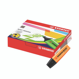 Stabilo Boss Original Highlighter Pen, orange color with black tip next to red and white box of 10 stabilo boss highlighters.