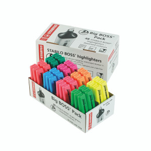 CW Office Stabilo Boss Original Hler AST PK48, assorted colored highlighters in a display box, including pink, blue, green, yellow, and orange highlighters for marking and underlining text.