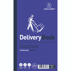 CW Office Challenge Dup Bks Carbonless D/N PK5, purple cover of duplicate carbonless delivery book with illustration of a person pushing a cart.