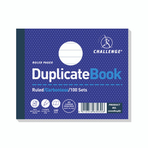 CW Office Challenge Dup Book 105X130MM PK5, a pack of five ruled, carbonless duplicate books with self-duplicating pages and 100 sets, featuring easy-to-use design and barcode for inventory.