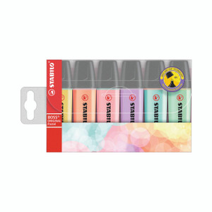 CW Office Stabilo Boss Original Hler Pstl PK6, set of six pastel highlighters with gray caps and colorful bodies in pink, yellow, purple, mint, blue, and green colors.