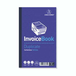 CW Office Challenge Dup Book 210X130MM PK5, image of a purple duplicate invoice book with white and blue text and illustrations, for easy duplicating and record keeping.