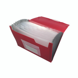 CW Office Q-Connect Expanding File 13-PKT Red, red file organizer with 13 transparent plastic pockets for document storage.