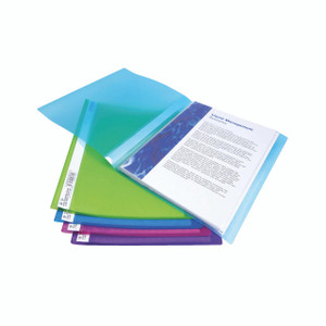 CW Office Rapesco A4 Disp Bk 20 Trans AST PK10, set of colorful transparent document folders in blue, green, purple, and pink with a sheet of paper inside one of the folders.
