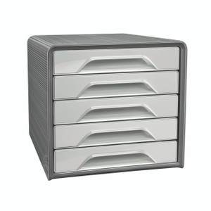 CW Office Smoove By Cep Recyc 5 Drawr Mod GRY, a modern grey plastic office drawer unit with five drawers featuring integrated handles.