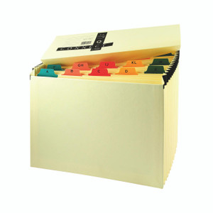 CW Office Q-Connect Expanding File A-Z, organizational file with colorful alphabet tabs in an open file box.