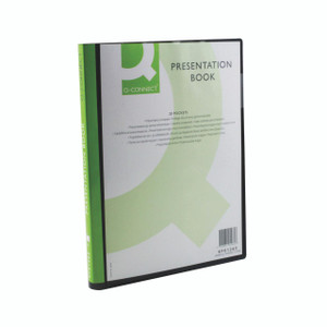 CW Office Q-Connect Pres Dsp Book 20PKT BLK, black presentation book with 20 pockets for organizing documents.