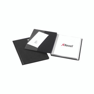 CW Office Rexel Nyrex Slim Disp Book 50 Pkt A4, a slim black and white display book open to show the Rexel logo on the inner page.