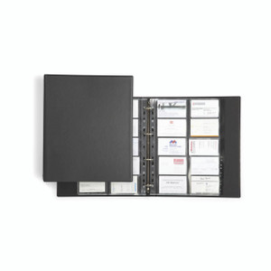 CW Office Durable Visifix Eco B Card Alb A4 Bk, open business card organizer with plastic sleeves holding multiple business cards.