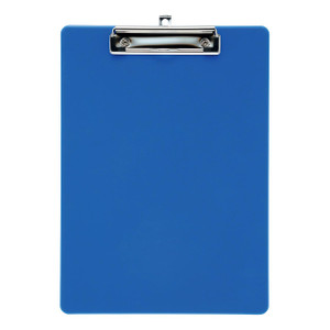 CW Office Clipboard Solid Plastic A4 Blue, blue plastic clipboard with metal clip for documents and writing paper.