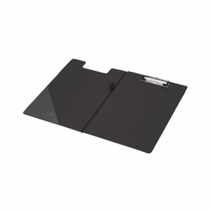 CW Office Q-Connect PVC Fold Clipboard A4 BLK, black foldable clipboard with metal clip for holding documents.