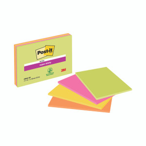 Product CW Office Post-It Meeting Notes AST 8X6 45SH PK4, colorful sticky notes in pastel yellow, pink, orange, and green shades with a box packaging shown.