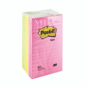 CW Office Post-It Large Format Notes, colorful sticky notes in pink, yellow, and white with 3M branding, 102 mm by 152 mm, PK6.