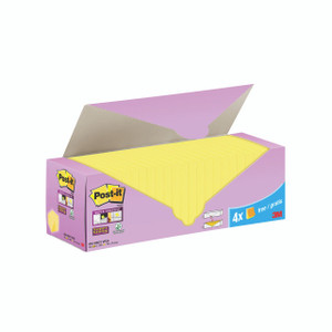 CW Office Super Sticky Notes Ylw 76X76MM PK24, yellow sticky notes inside a pink and purple Post-it box with 24 note pads.
