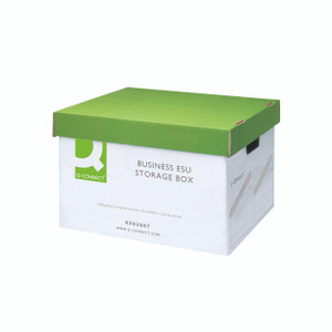 CW Office Q-Connect Business Storage Box PK10, white cardboard storage box with green lid for organizing office supplies.