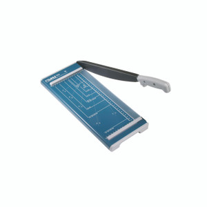 CW Office Dahle 502 A4 Personal Guillotine, blue cutting paper guillotine with a sliding safety guard and measurement markings for precise paper cuts.