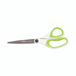 CW Office Scotch 200MM Titanium Scissors GRN, scissors with titanium blades and white and green ergonomic handles.