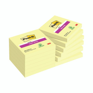 Product CW Office Post-It S/Stick 76X76 90S C/Ylw PK12, image of yellow sticky notes stacked together with Post-it branding and specifications.