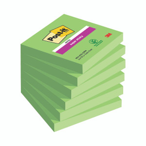 CW Office Post-It Super Sticky Notes, bright green stack of 90-sheet sticky notes, 76x76mm, PK6