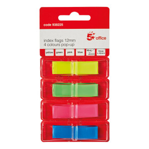 CW Office Index Flags 12X45MM 40 Flags/Col, colorful index flags in yellow, green, pink, and blue, displayed in a plastic storage case.