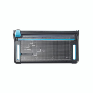 CW Office Avery A2 Precision Trimmer 640, electronic paper cutter with metal grid base and safety guard, black and blue accents for precise paper trimming.