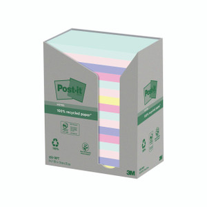 CW Office Post-It Recyc ASS 76X127MM X100 PK16, colorful assorted recycled paper Post-It notes in a box