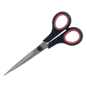 CW Office Scissors Sless Steel/Rubber 155MM, stainless steel scissors with black and red rubberized handle grips for comfortable use.
