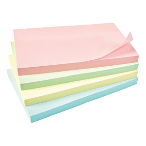 CW Office Re-Move Sticky Note 76X127 Pstl PK12, color assorted pastel sticky notes in pink, yellow, green, and blue stacked neatly.