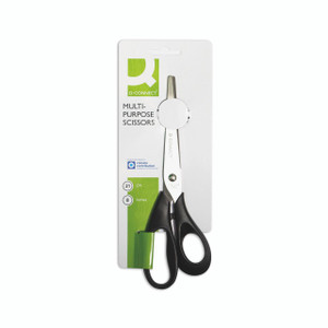 CW Office Q-Connect Scissors 210MM Stainless Steel BLK, multipurpose scissors with black ergonomic handles on packaging.