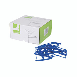 CW Office Q-Connect E Clip Blue PK100, blue plastic e-clips for organizing cables and wires, shown with a white and green box packaging.