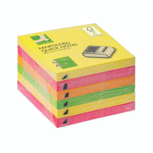 Product CW Office Q-Connect Fanfold Notes AST PK6, a stack of brightly colored assorted fanfold sticky notes in pink, orange, green, and yellow, for office and school use.