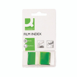 Q-Connect Page Marker 1 Inch Green, transparent green page markers with adhesive backs in a pack of 50 for marking pages.