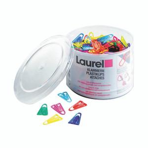 CW Office Laurel Paperclip Plastic 35MM PK200, color assorted paper clips in a transparent container with open lid.