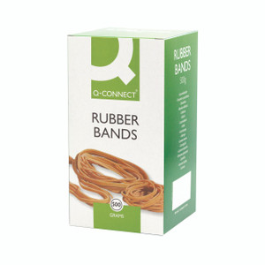 CW Office Q-Connect Rubber Bands 500G No 10, packaging box with rubber bands and product information.