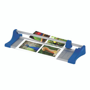 CW Office Q-Connect A3 Rotary Trimmer, blue and silver rotary paper cutter with adjustable guide and cutting grid for precise trimming of photographs and documents.