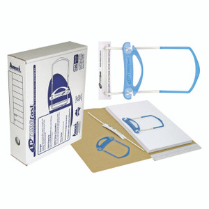 CW Office Arnos File Fasteners 3-PART PK100, image shows a set of blue and white file fasteners with grips, a stack of paper, and packaging box for organizing documents in office or school settings.