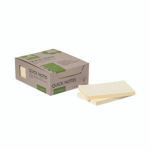 CW Office Q-Connect RCYC Notes 127X76 Ylw pack of 12, yellow sticky notes with a kraft paper box and two loose notes in front.